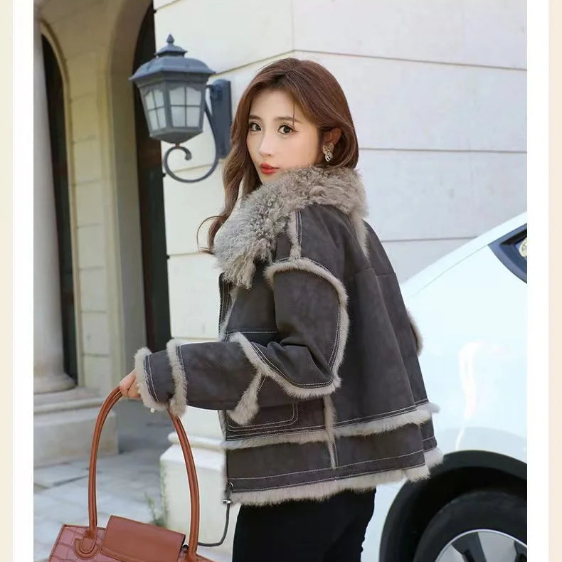 2023 Winter Short Women's Natural Rabbit Hair Lined Sheepskin Collar Coat Fashion Luxury Warm Leather Coat Grey