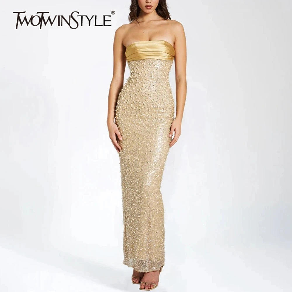 TWOTWINSTYLE Solid Slimming Spliced Sequin Elegant Dresses for Women Strapless Sleeveless Patchwork Bead Dress Female Clothing