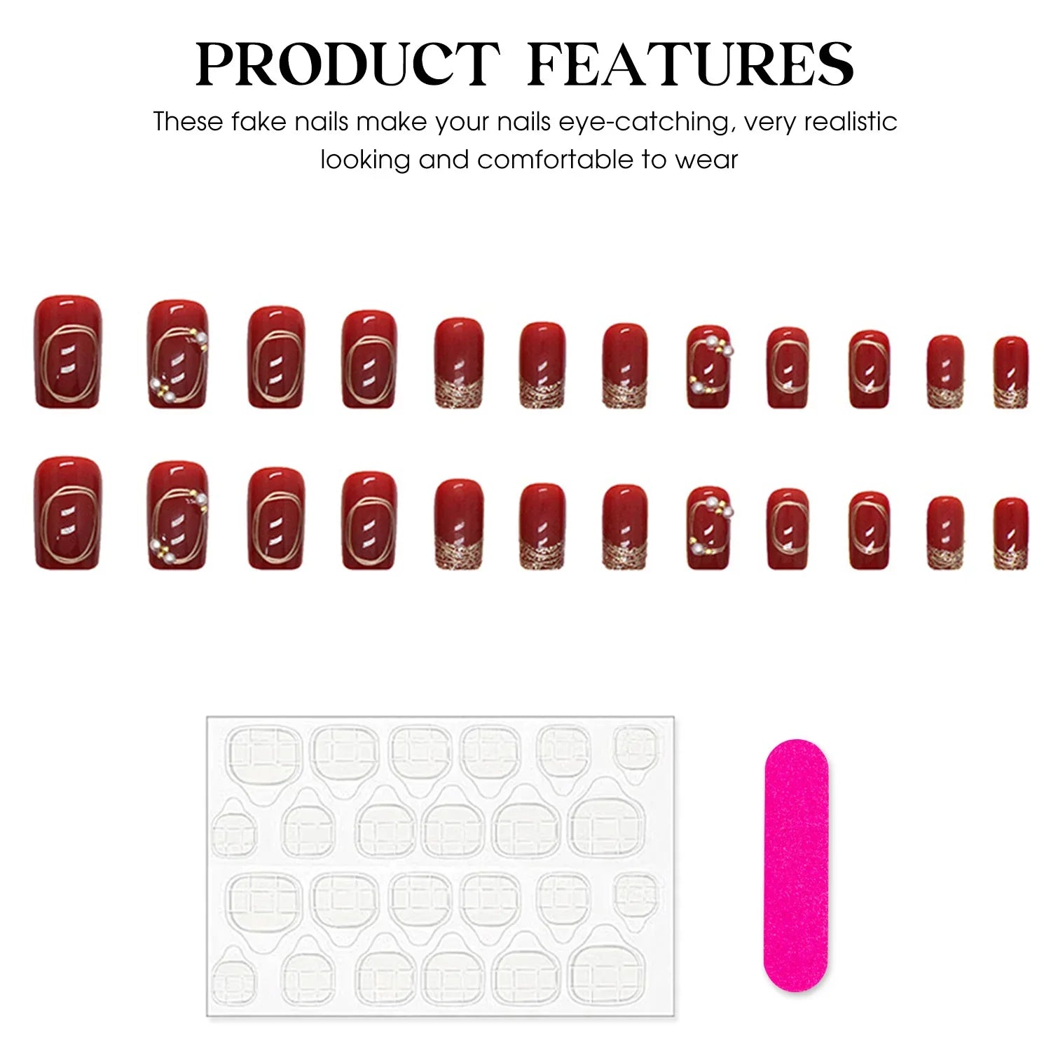 Women New Year Party Wine Red Fake Nails 24Pcs Gold French Press On Nails Short Square Wearable False Nails Patches DIY Manicure