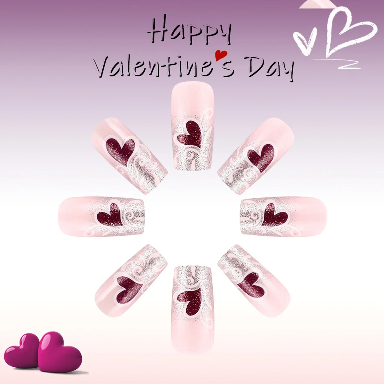 Glossy Silver Sequins French Fake Nails 24Pcs Y2K Girls Press On Nails Purple Love Heart Printed Valentine's Day Charm Manicure