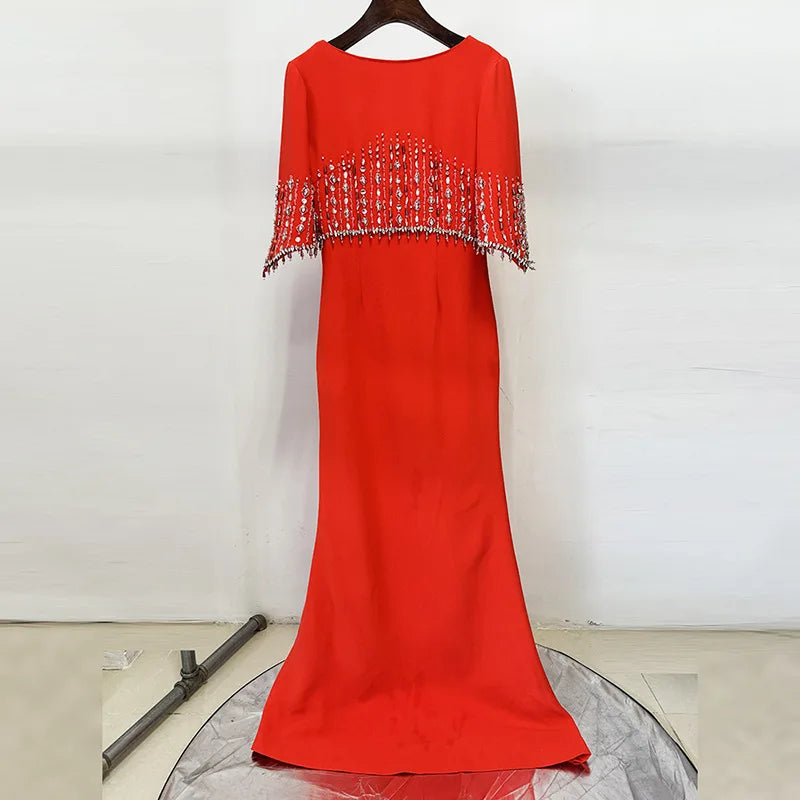 TWOTWINSTYLE Slimming Elegant Midi Dresses for Women Round Neck Half Sleeves Patchwork Bead Luxurious Dress Female Clothing New