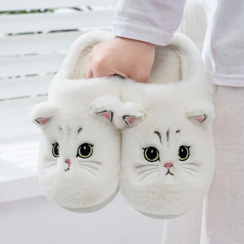 Lovely Cute Cat Slippers Fluffy Furry Women Home Platform Slippers Men Winter Plush Slides Indoor Fuzzy Slippers Cotton Shoes StyleA-White