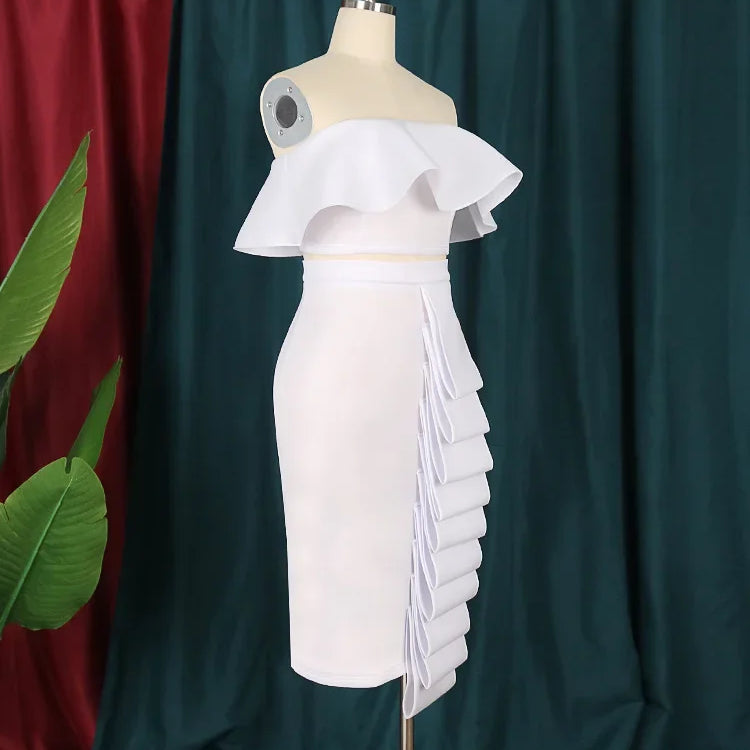 Chic Dress Sets Plus Size Curvy Women Tube Tops Ruffles High Waist Skirt Set Slim Fit Party Club Birthday White 2 Piece Outfits