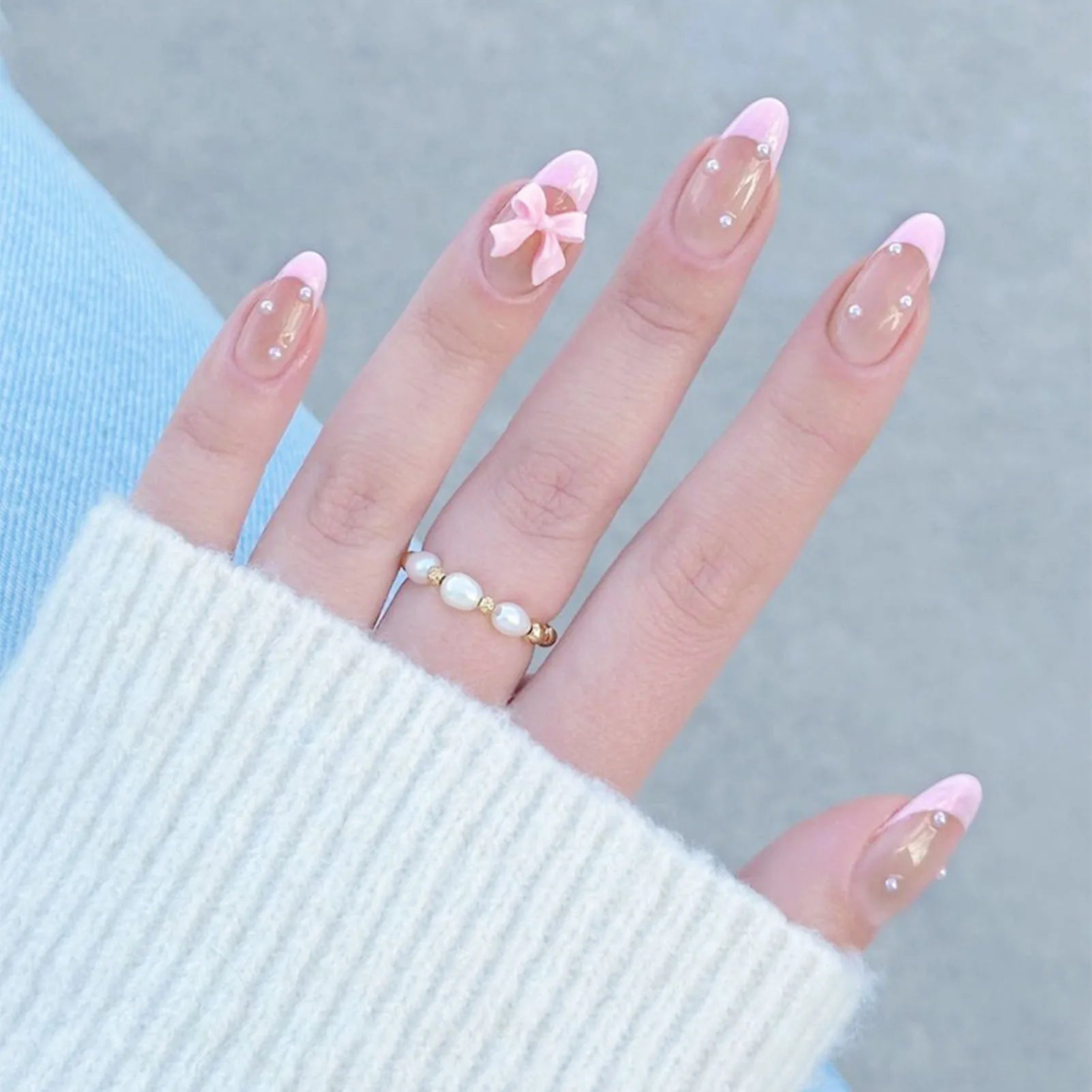 Pink French Style Fake Nails Almond Ballerina Press on Nails 3D Bowknot Designs Nude Color Stick-on False Nails Tips 24Pcs