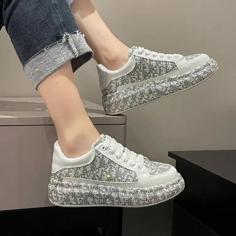 Fashion Sneakers Casual Flat Shoes Luxury Rhinestone Decorated Leather Upper Heightening Platform Womens Shoes
