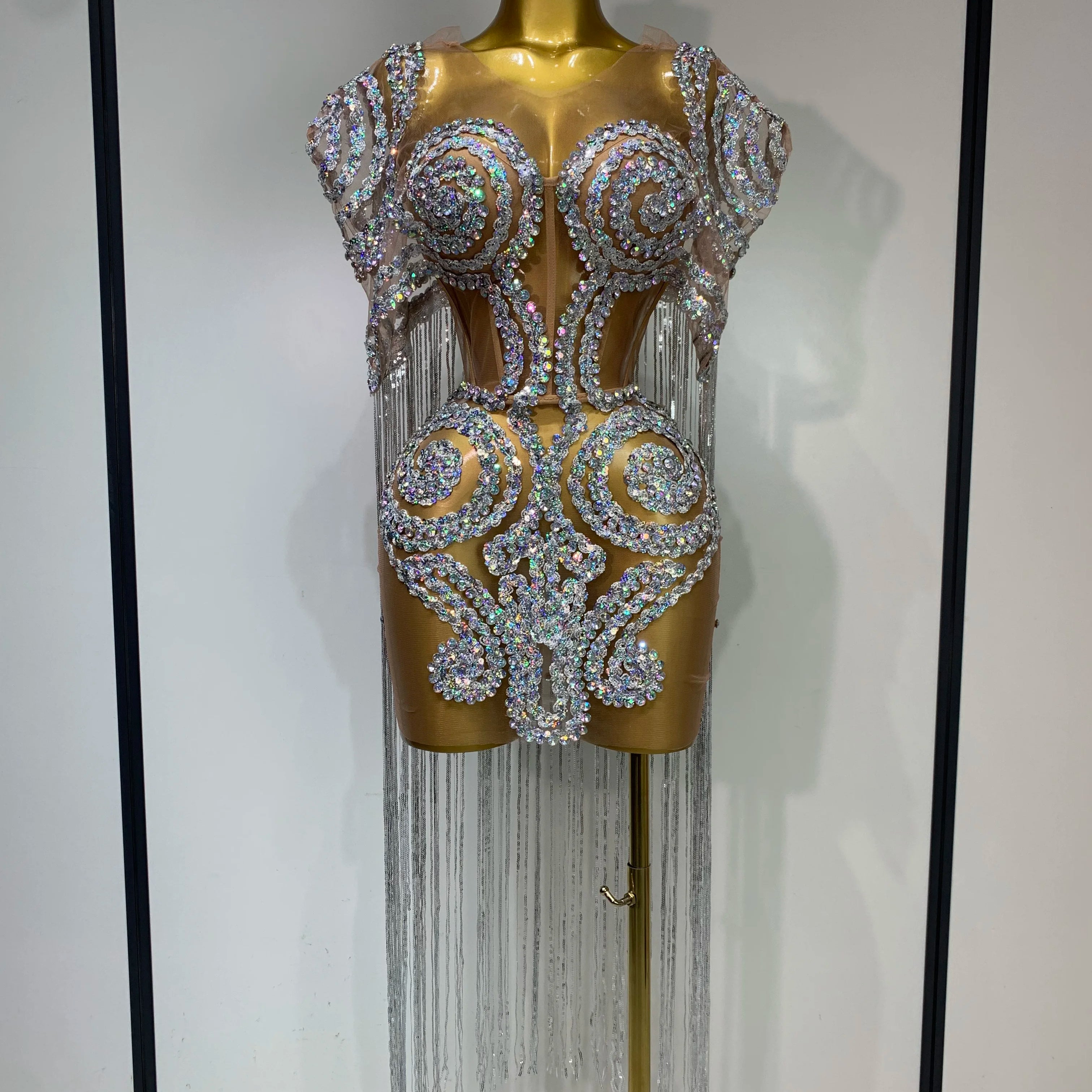 Sparkly Rhinestones Tassel Sexy Mesh Transparent Short Dress Women Evening Party Luxury Birthday Nightclub Singer Stage Costume