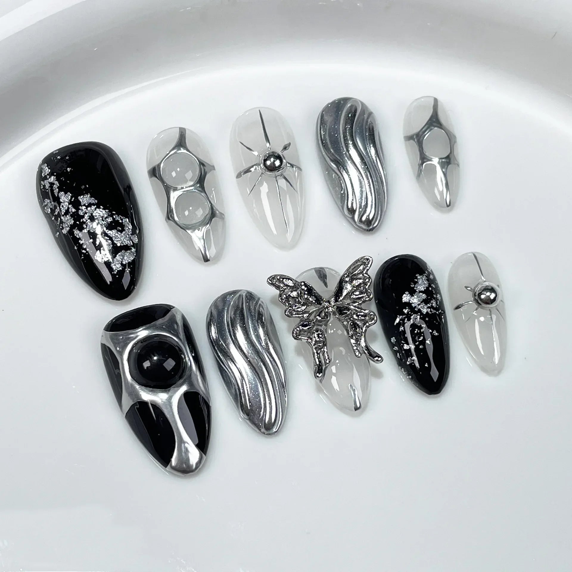 10Pcs Metallic Almond Handmade Fake Nails with Glue Sweet Cool Gel Nail Press on Dark Color Full Cover False Manicure Nail Tips
