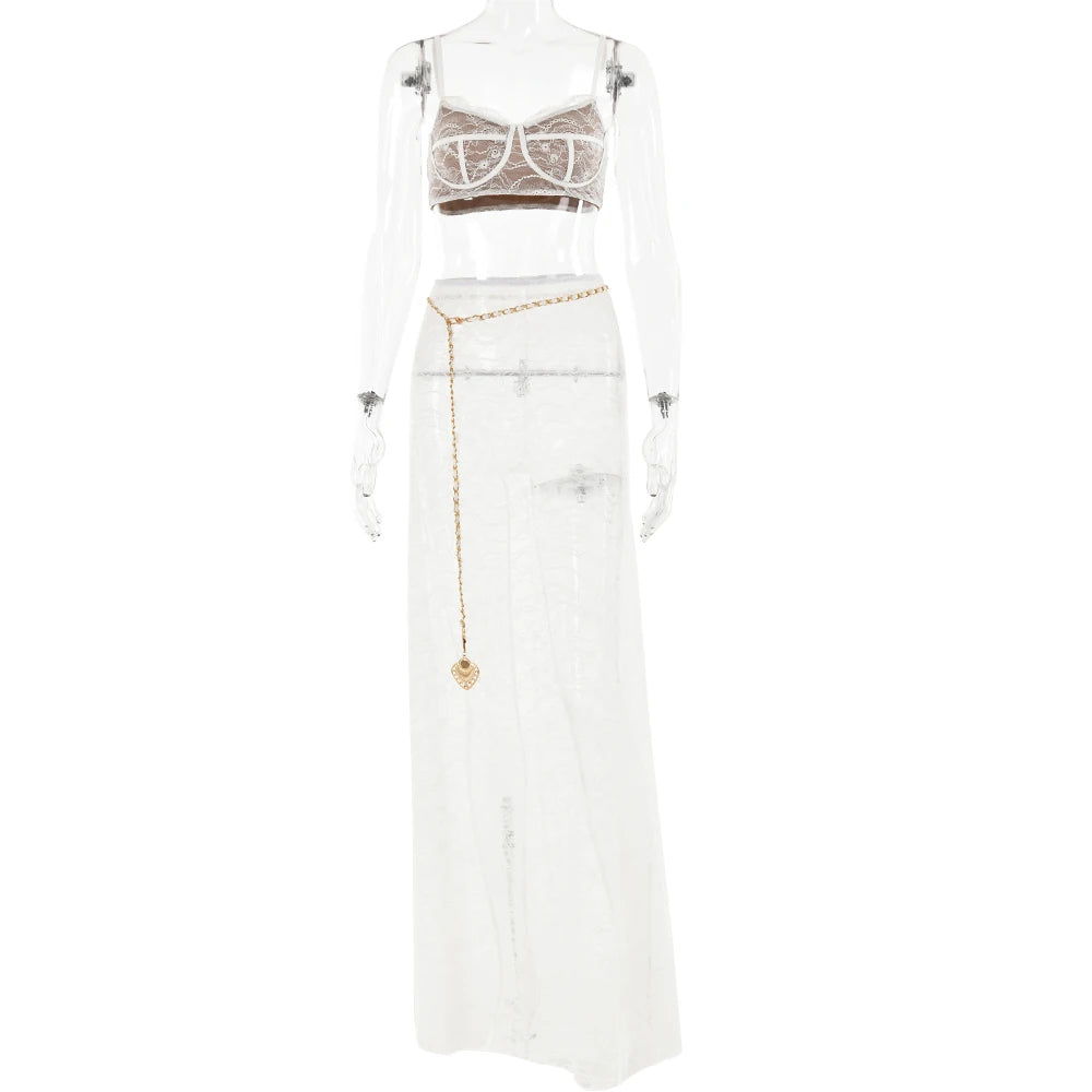 Fantoye Sexy See Through Lace Chain Women Skirt Suit White Spaghetti Strap Crop Top Print Floral Skirt Autumn New Two Piece Sets White