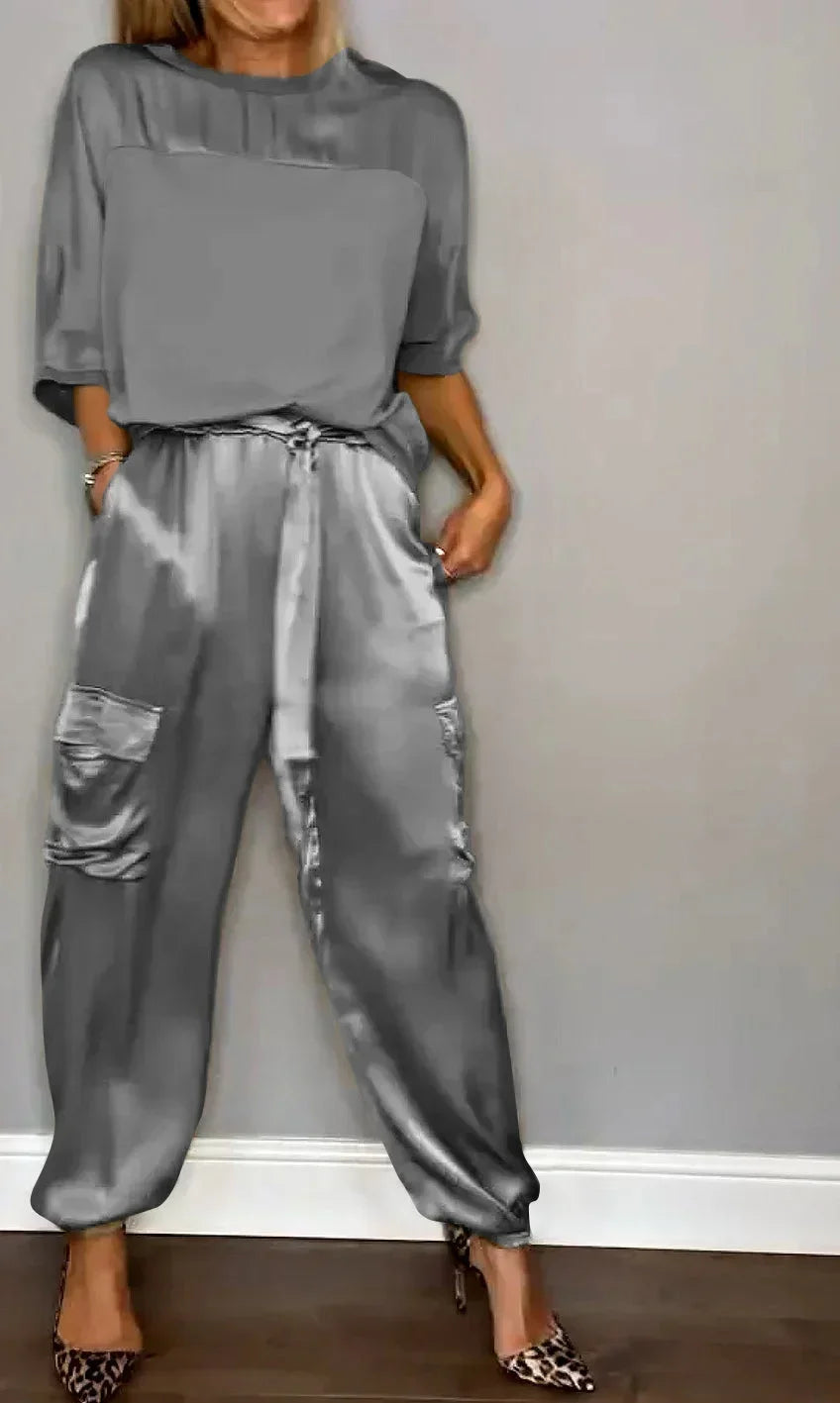 Summer Fashion Solid Satin Two Piece Set Women Round Neck Long Sleeved Top Long Pants Casual Loose Two Piece Set Women GRAY