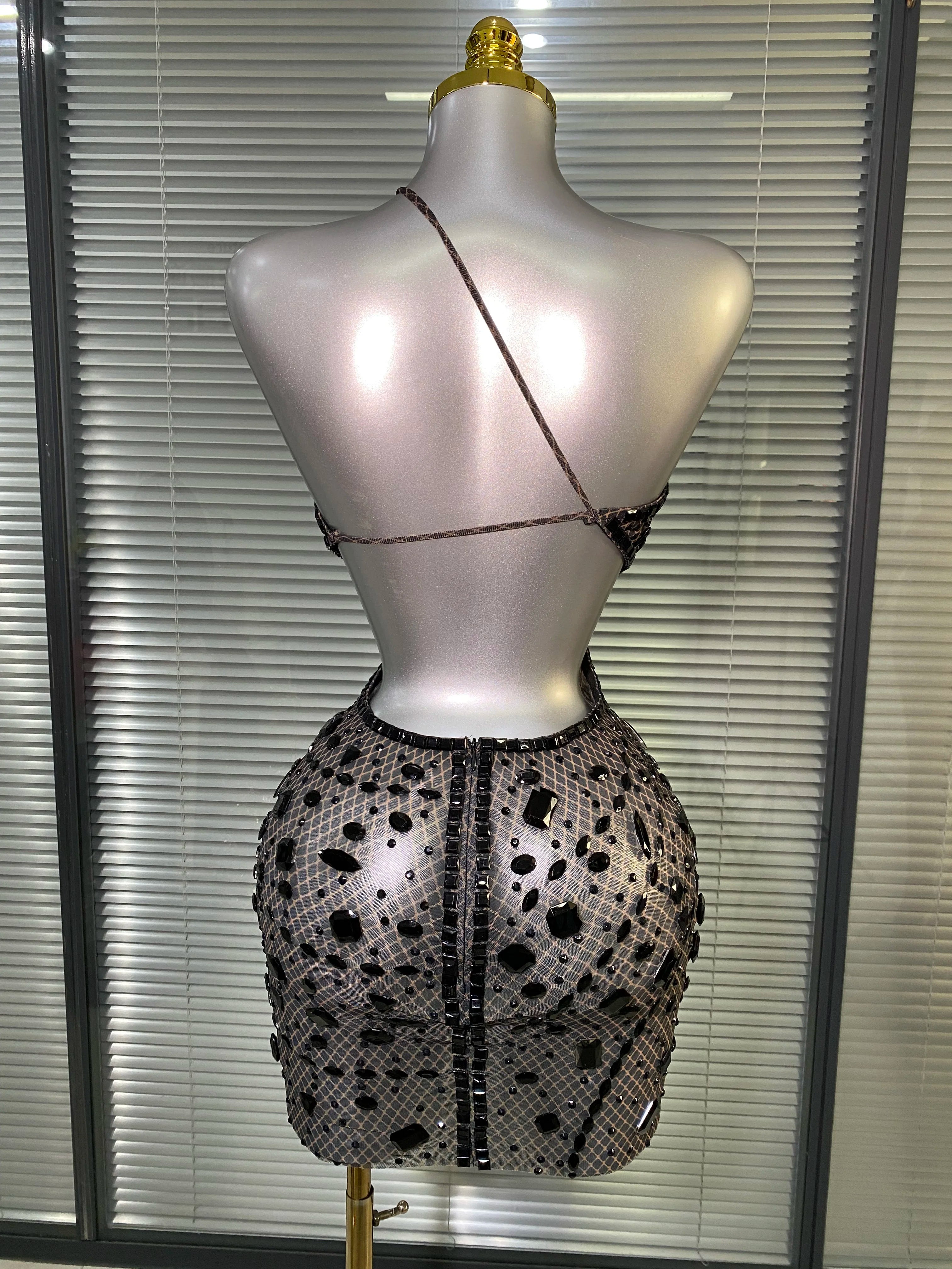 Women Sexy See Through Mesh One Shoulder Backless Brown Costume Stage Dancer Singer Fancy Night Club Mini Party Dress