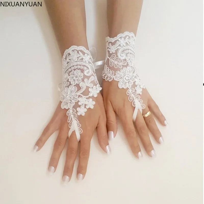 Guantes Fingerless Gloves Novias Women's Lace Gloves Wedding Accessories Transparent Vintage Bride White Accessory Mittens as picture Ivory