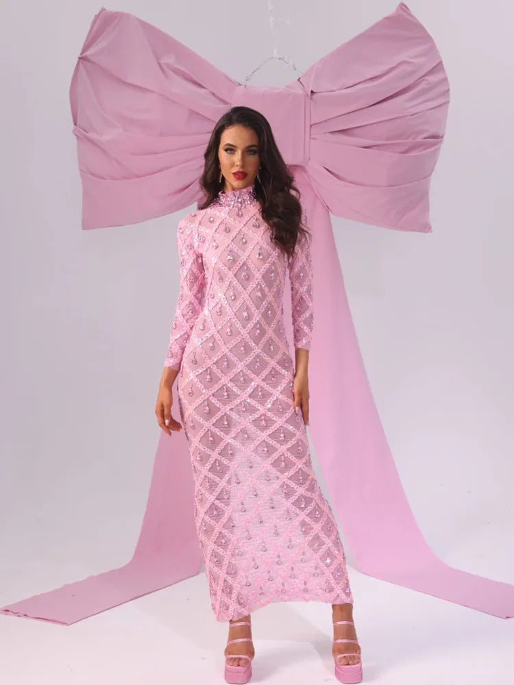 Pink Color Women Long Sleeve Sexy Mesh Big Crystal Bodycon Long Dress Celebrate Birthday Bar Singer Performance Costume Wear