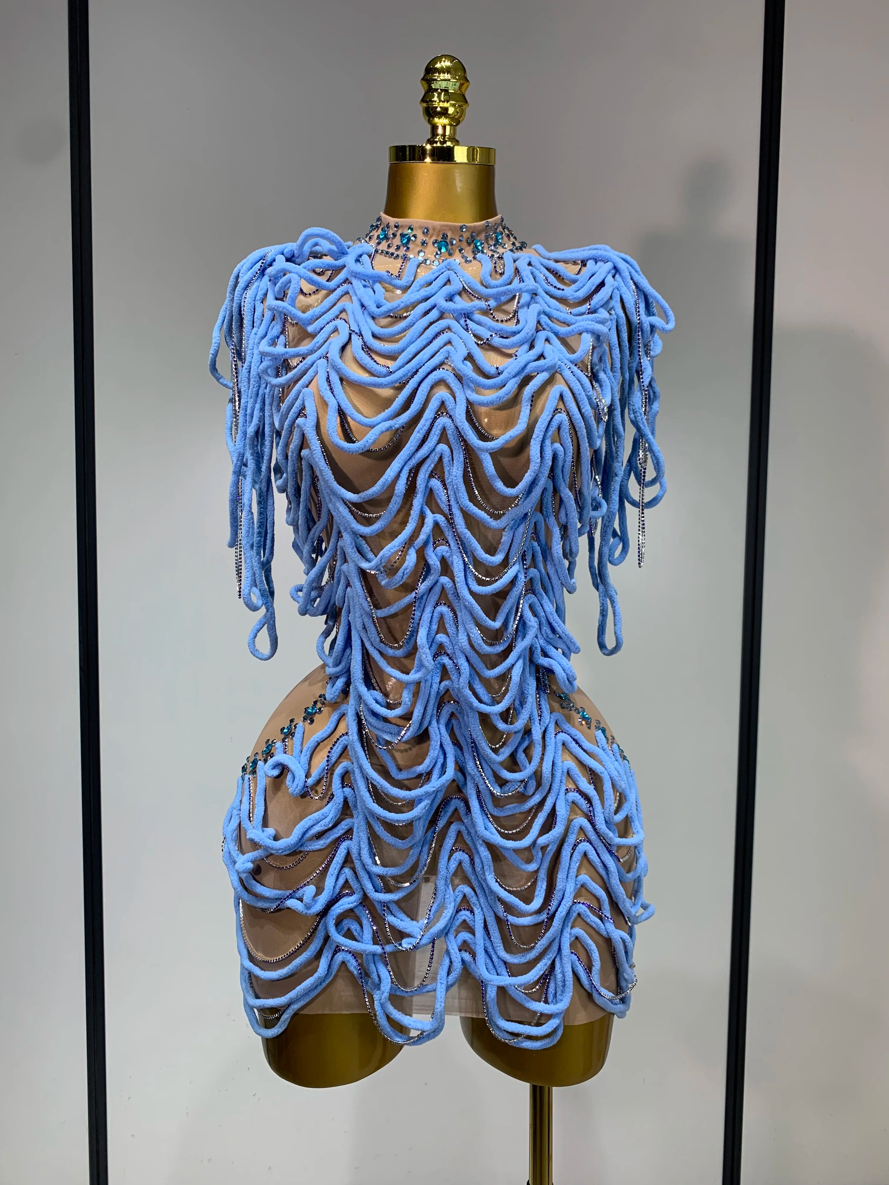 Women Sexy Fashion Short Dress Mesh Designer Rhinestones Chain Stage Costume Nightclub Celebrate Party Performance Outfit