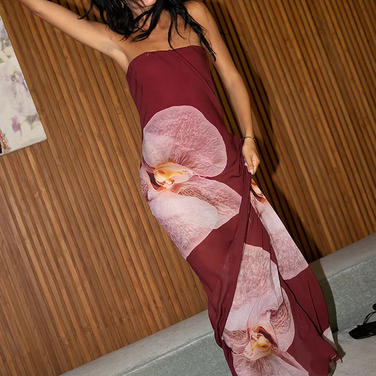 Floral Print Strapless Sexy Maxi Dress For Women Gown Patchwork Off-shoulder Backless Sleeveless Print Long Dress