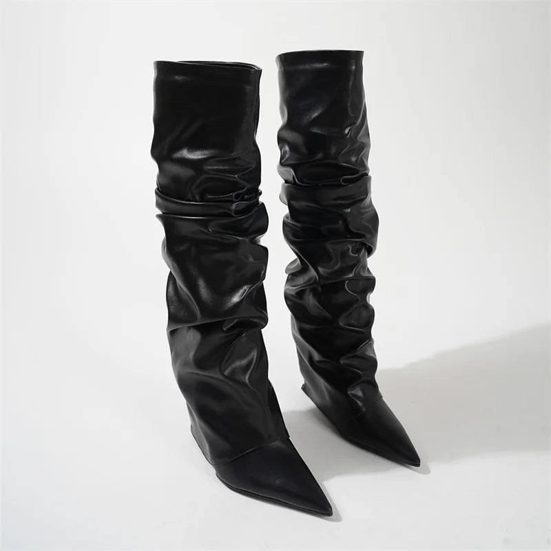 Pleated Black Leather Women's Knee High Boots Sexy Slip On Wedges Shoes Party Ladies Pointed Toe Women High Knee Botas Femininas