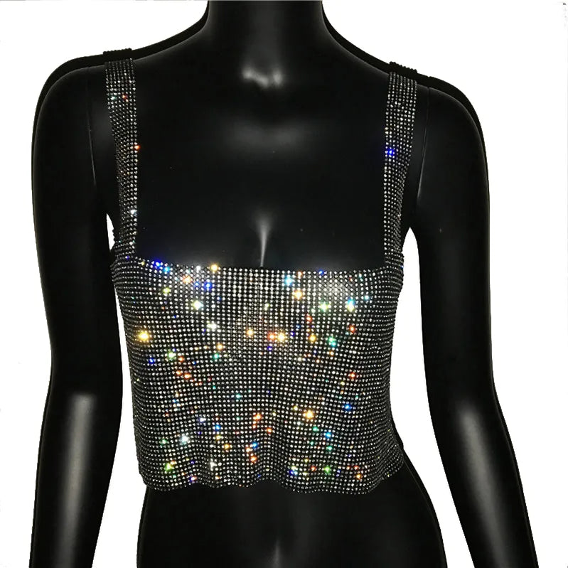 Glitter Nightclub Backless Rhinestone Tank Top Women Sexy Metal Crystal Diamonds Sequined Night Club Party Wear Crop Top Black