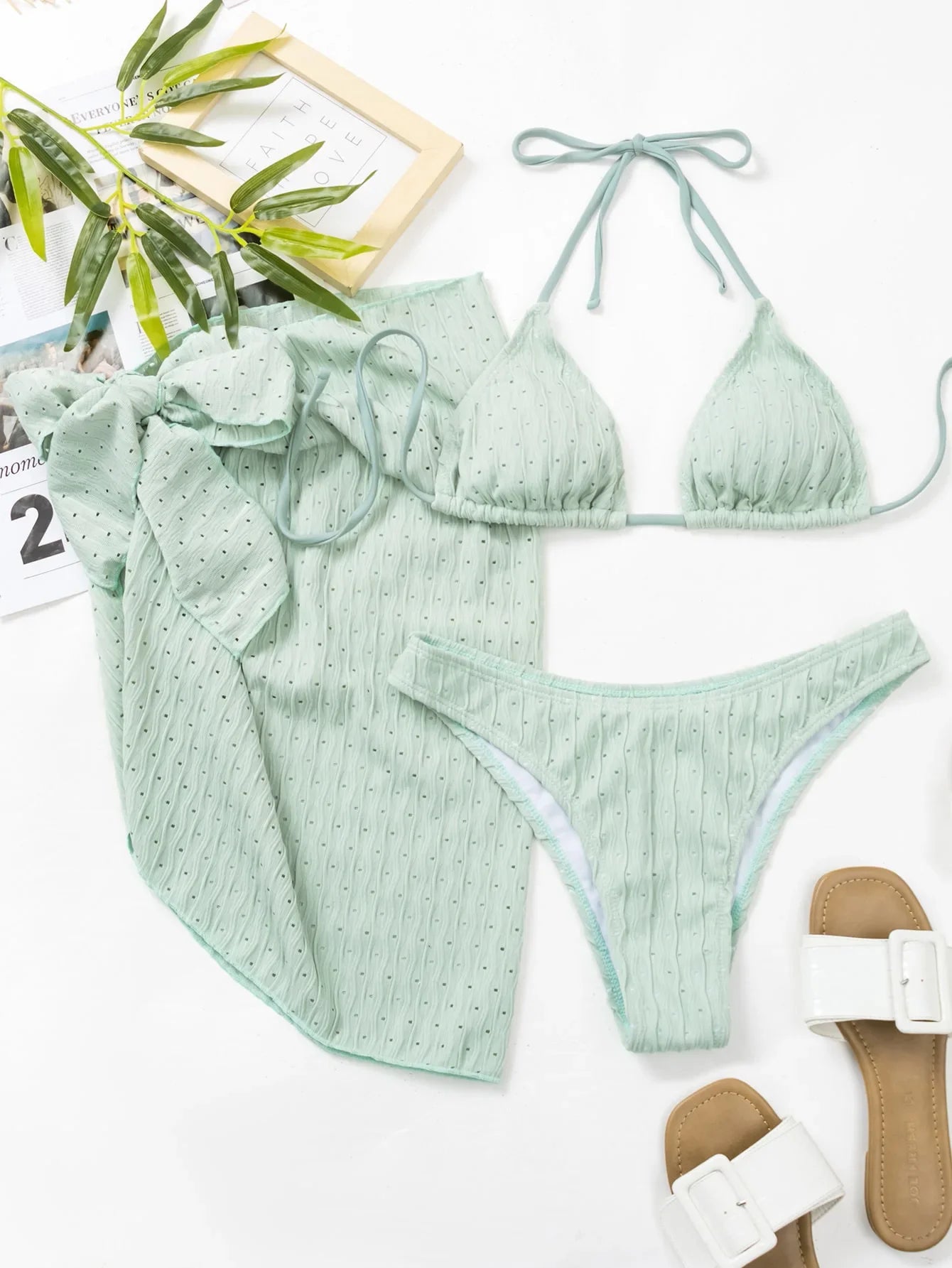 2023 New 3 Pieces Set Swimsuit Women Thong Swimwear Sexy Micro Bikini Set With Sarong Skirt White Beachwear Bathing Suit Pink light green
