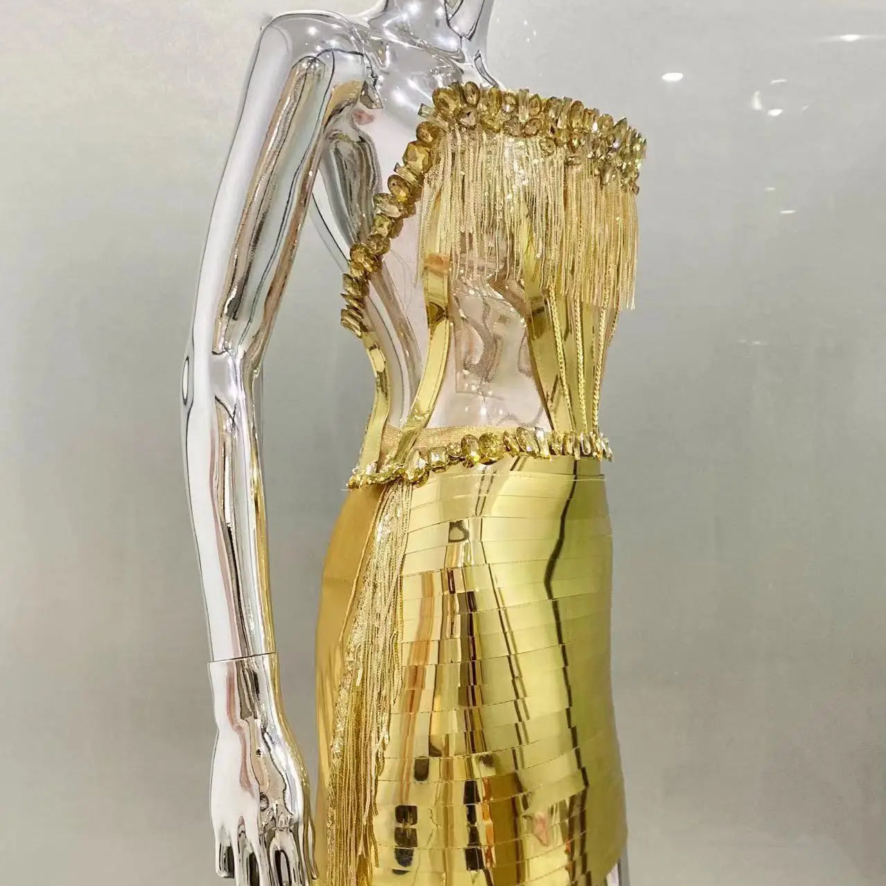 Gold Color Women Sexy Strapless Shinning Crystal 2 Pieces Bodycon Mini Dress Nightclub Party Performance Costume Birthday Dress