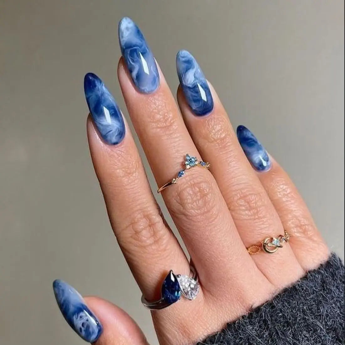 24Pcs Mid-length Almond Press on False Nails with Purple Smudge Wearable Fake Nails Lotus Design Finished Full Cover Nails Tips