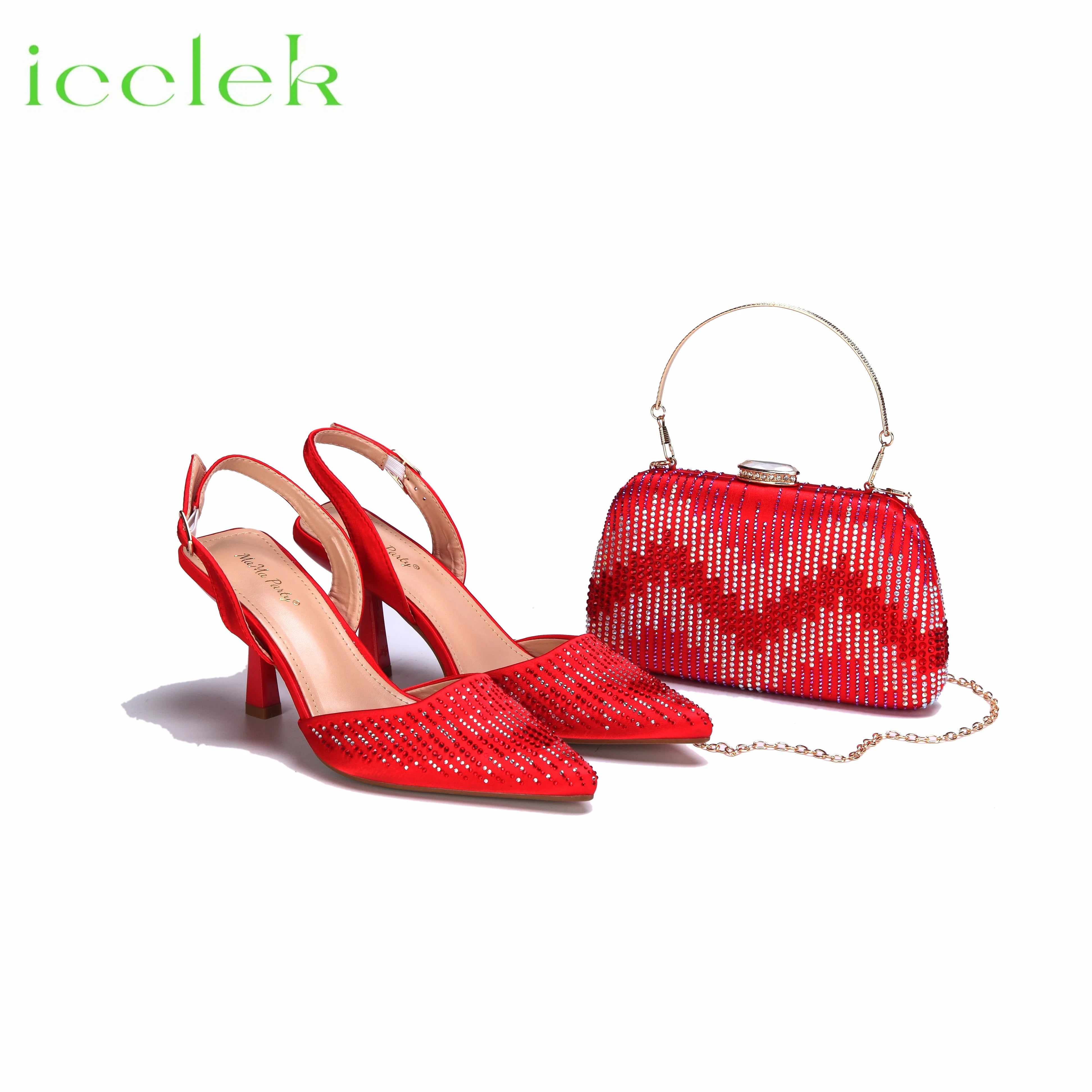 Orange Color Pointed Toe Decorated with Bling Bling Rhinestones Design Ladies Shoes Matching Bag Set For Party Red