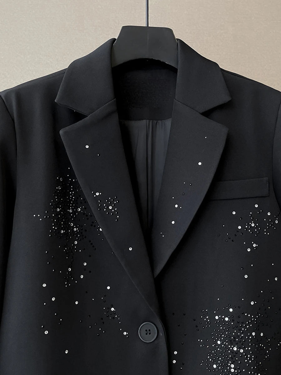 TWOTWINSTYLE Solid Loose Spliced Bead Fashion Blazers for Women Lapel Long Sleeves Patchwork Single Breasted Blazer Female New