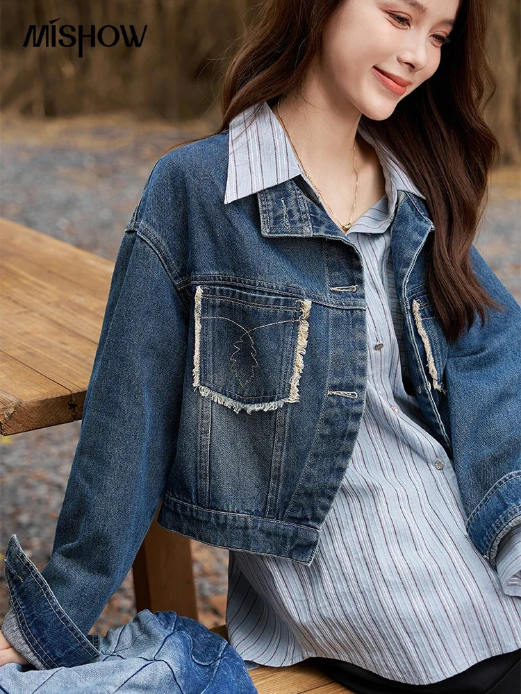 Women's Denim Coat with Raw Edge Autumn Korean Loose Pocket Embroidery Polo Neck Streetwear Casual Jacket