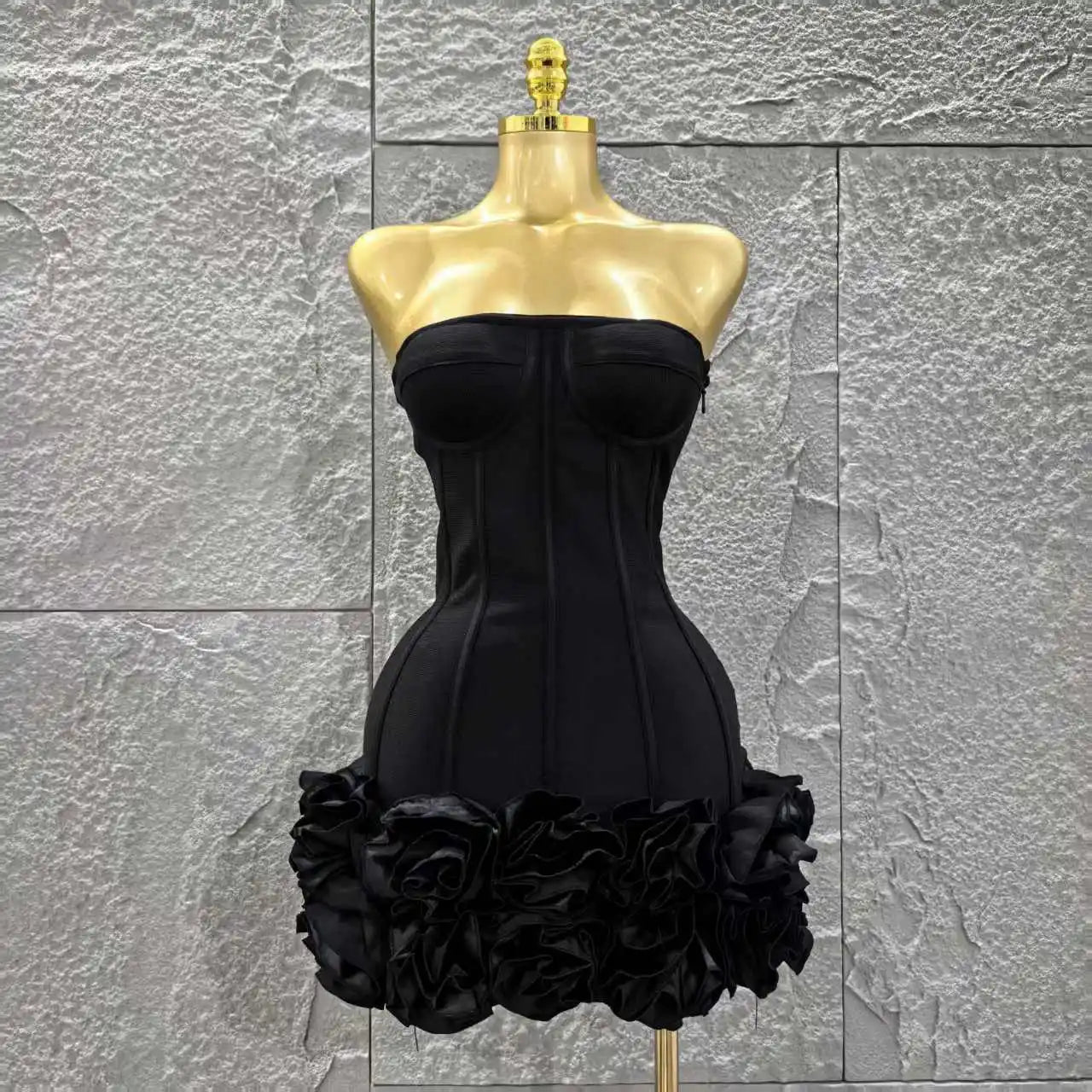 Black Color Women Sexy Strapless Florals Bodycon Mini Ball Gown Bandage Dress Celebrate Nightclub Party Bar Birthday Outfit