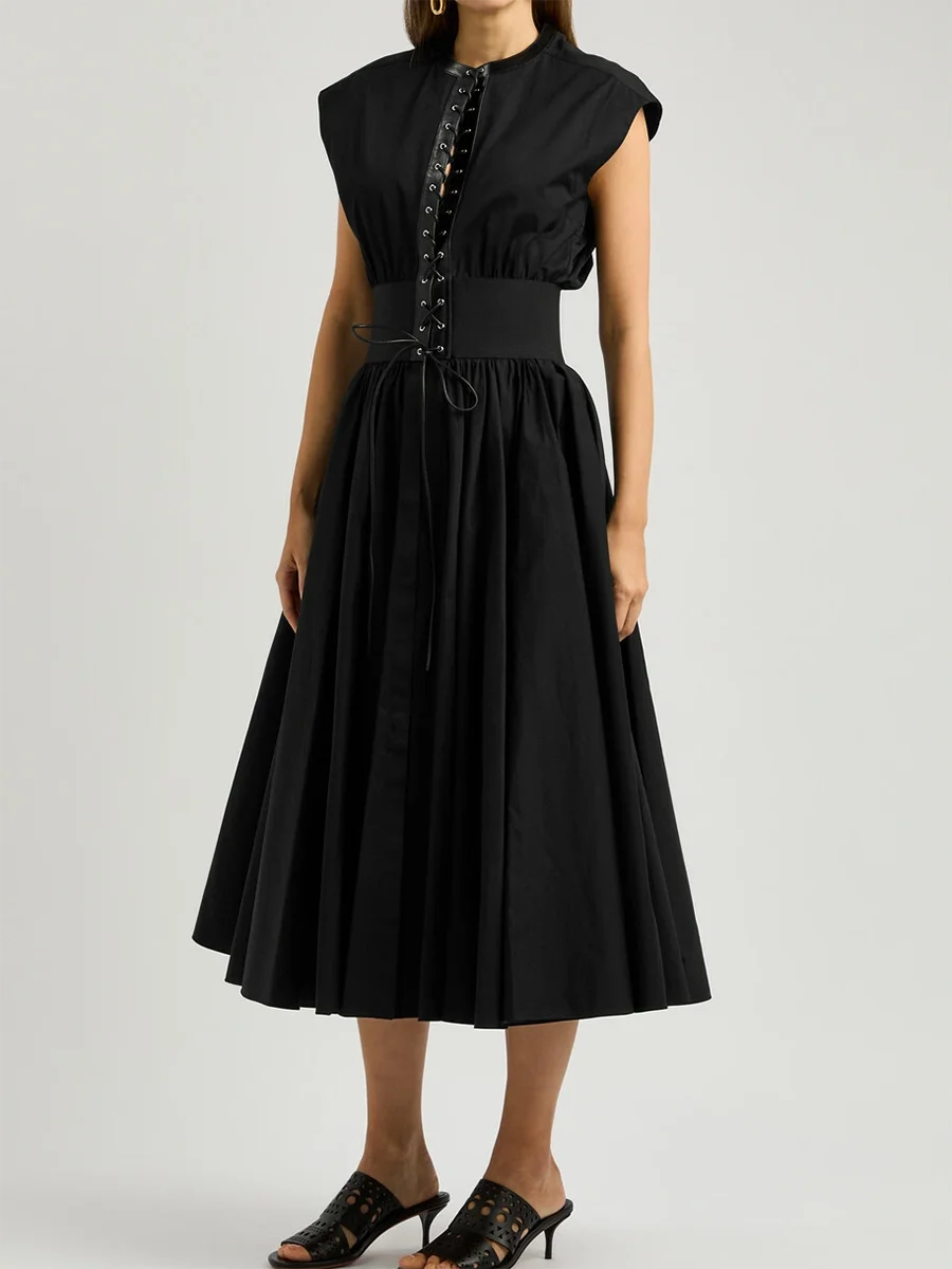 TWOTWINSTYLE Solid Slimming Spliced Lace Up Elegant Dresses for Women Round Neck Sleeveless Patchwork Folds Dress Female Fashion