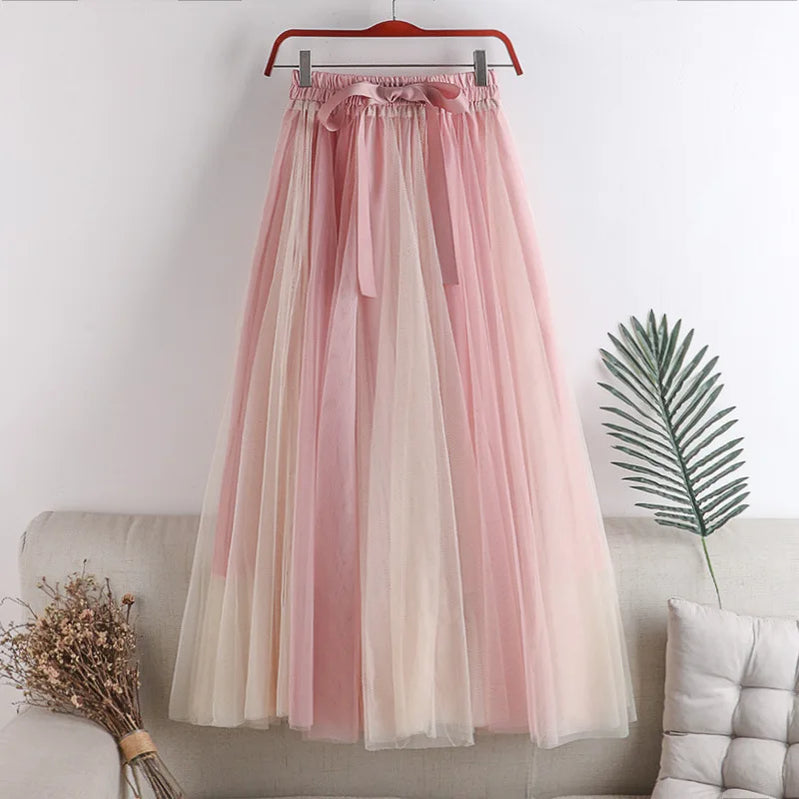 Spring Summer Gradient Color Tulle Skirts Women Fashion Bow Patchwork A-line Skirt Female Long Sweet Party Skirts