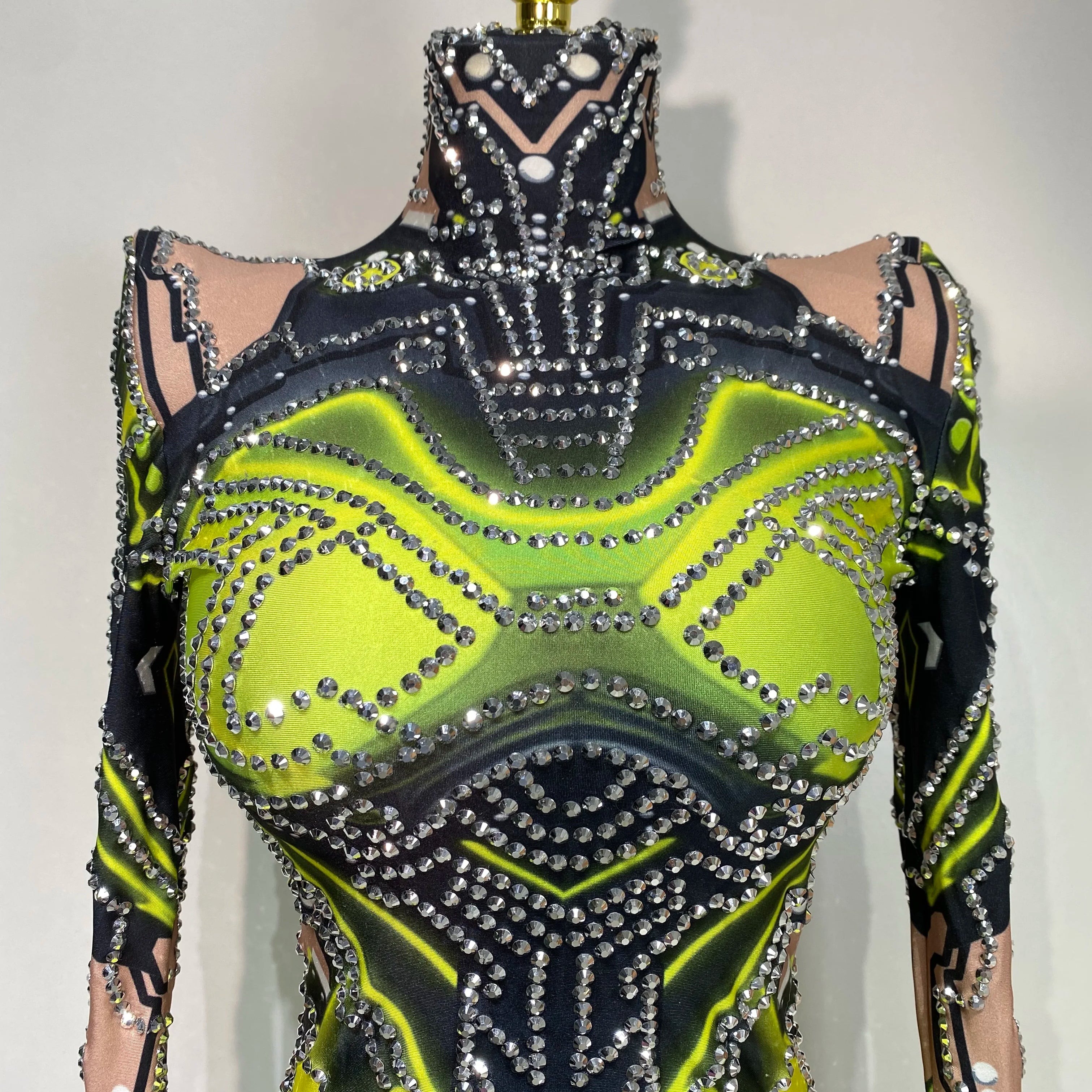 Women Sparkly Rhinstones High Street Bodysuit Performance Dance Singer Costume Nightclub Evening Party Birthday Stage Outfit