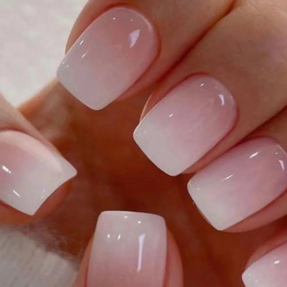 24pcs/set short fake nails gradient nude pink jelly glossy square ballet french tips Reusable faux ongles press on false nail