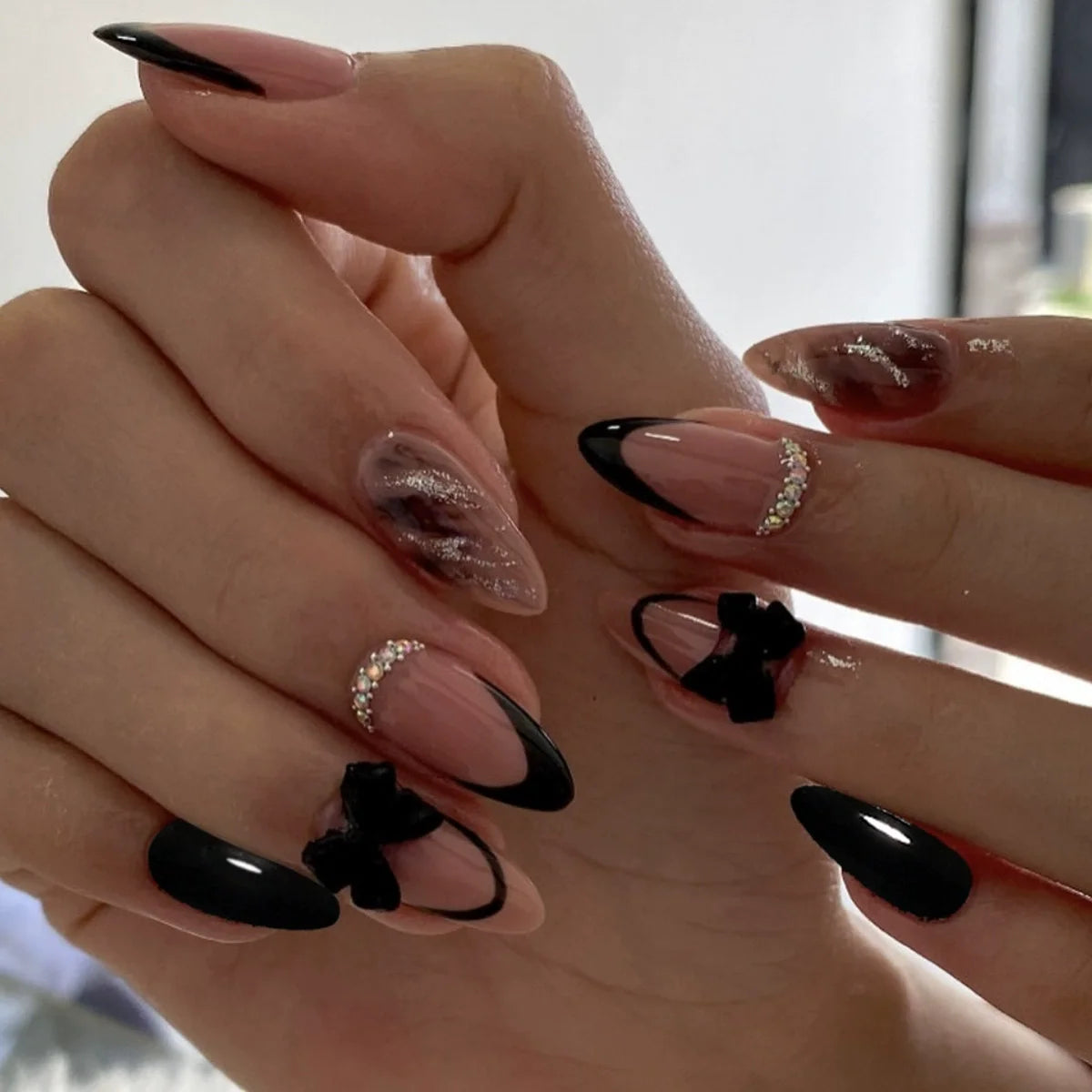 Valentine's Day Almond Press on Nails Set 3D Bow Love French Sweet False Nails Rhinestone Wearing Nail Tips Art Acrylic Manicure