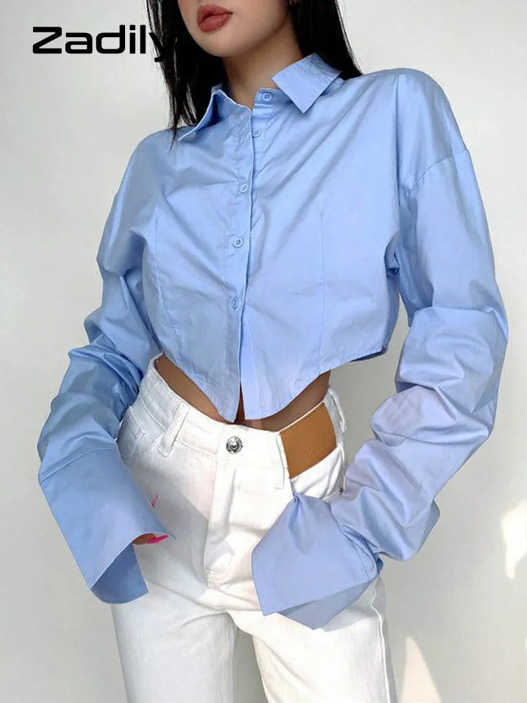 Spring Korean Style Long Sleeve White Shirt Women Sexy Button Ladies Crop Tops Blouse Street New In Female Clothing