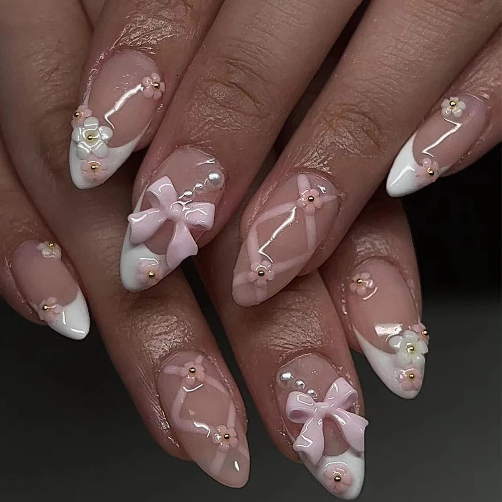 Pink French Style Fake Nails Almond Ballerina Press on Nails 3D Bowknot Designs Nude Color Stick-on False Nails Tips 24Pcs