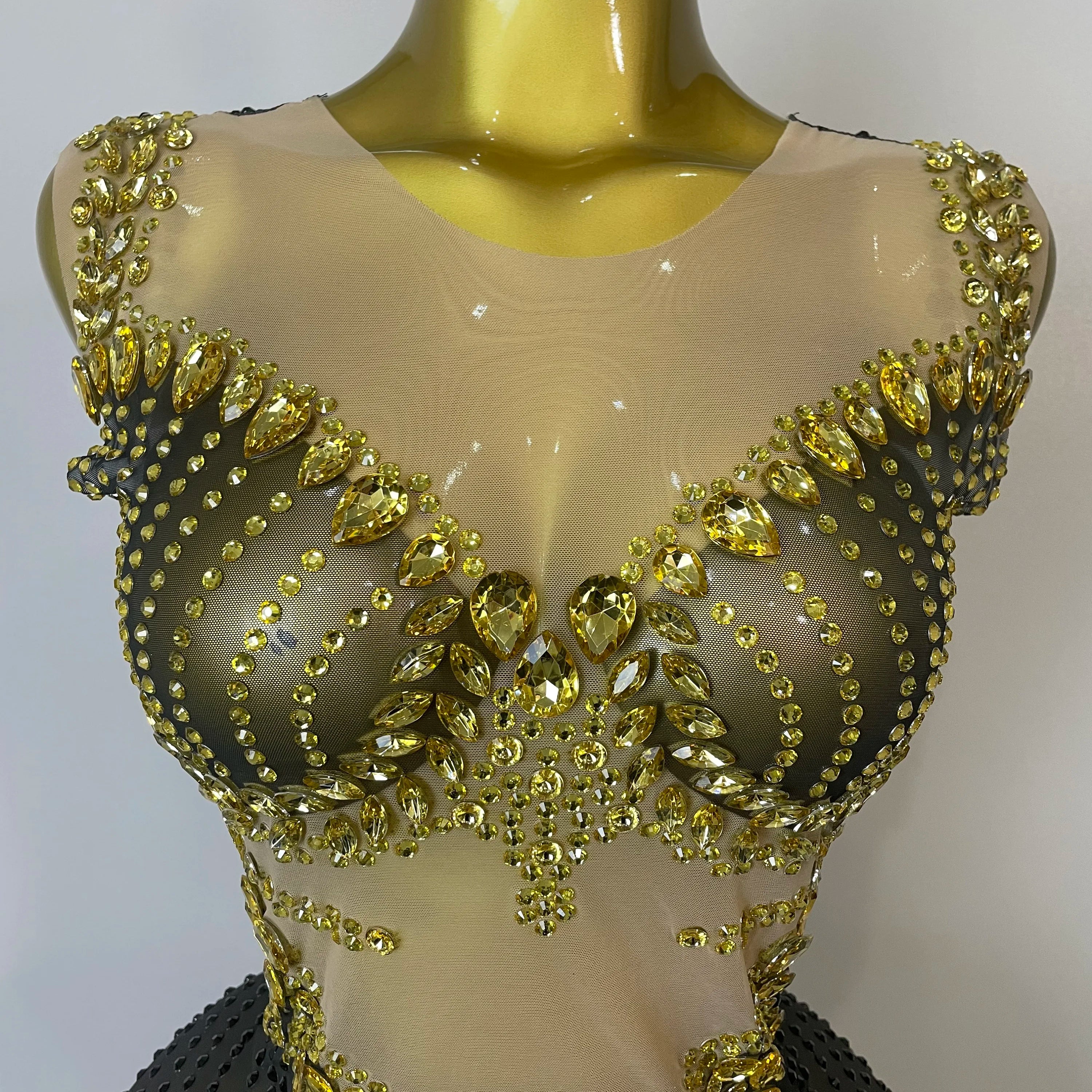 Vestido curto transparente sem mangas com strass dourado brilhante 2025, festa de aniversário, boate, traje de apresentação