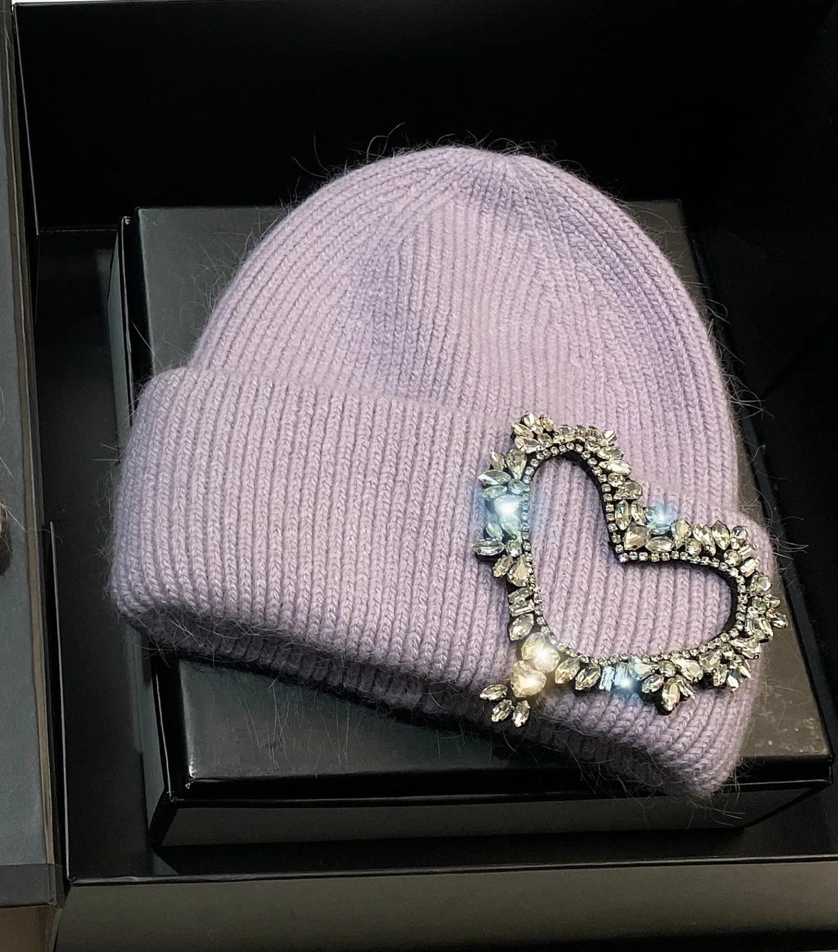Luxury Heart Rhinestone Winter Beanies Women Solid Color Real Rabbit Fur Knitted Hat Lady Fashion Warm Pullover Caps Gifts purple Adult