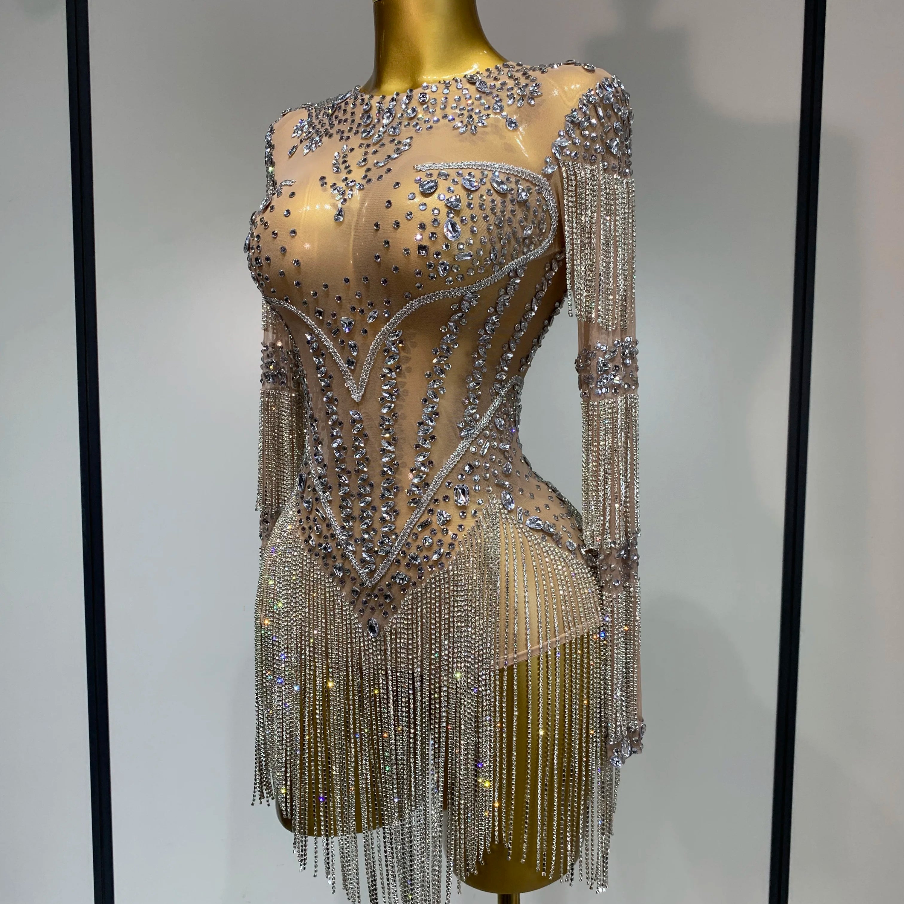 Women Sexy Mesh See Through Performance Dance Nightclub Rompers Singer Stage Outfit Sparkly Rhinestone Bodysuit Birthday Wear