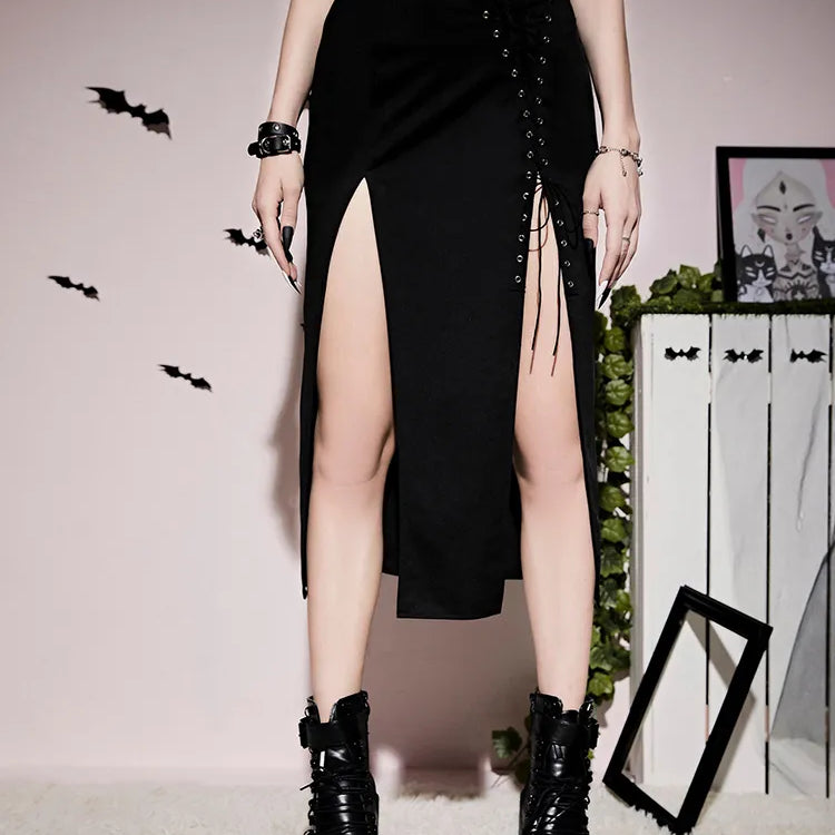 Goth Dark Grunge Bandage High Split Sexy Midi Skirts Mall Gothic Techwear Irregular Eyelet Long Skirt For Women Black Partywear black