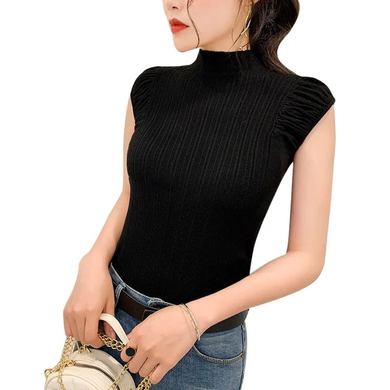 Women Tops Half High Collar Vest Solid Casual Female Sleeveless Knitted Summer Half Turtleneck Knitted Sleeveless T-Shirt B