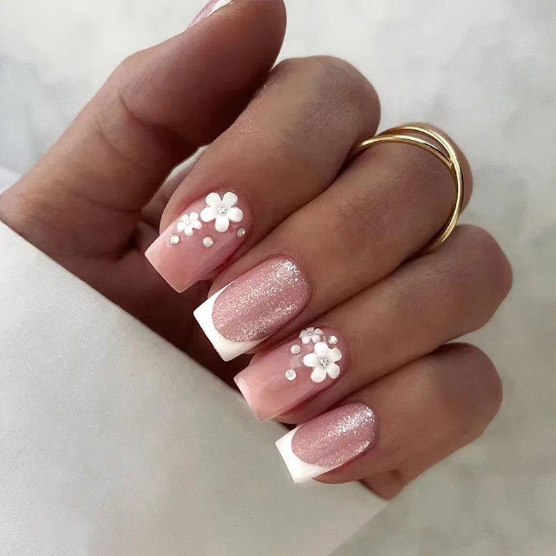 24pcs/set short medium fake nails beautiful flowers design fall winter square ballet acrylic tips press on false nail art supply