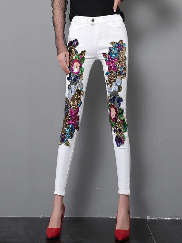 Spring and Summer Women's Sequins White Denim Pants Slim All-match Basic Pencil Student Stretch Jeans Daily Street Trousers