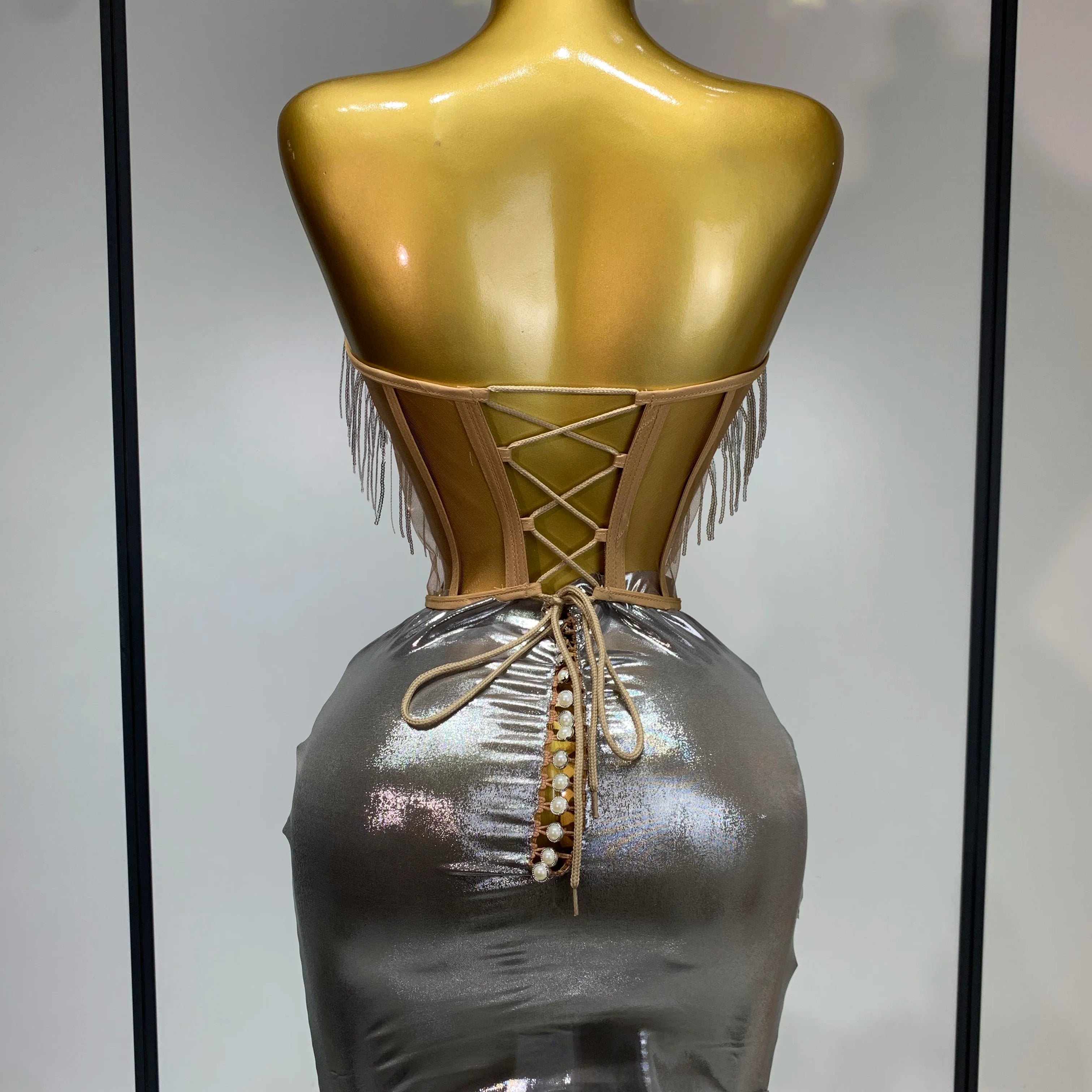 Sparkly Sliver Rhinstones tassels Top Skirt Two Piece Set Women Sexy Strapless Nightclub Birthday Evening Party Stage Outfit