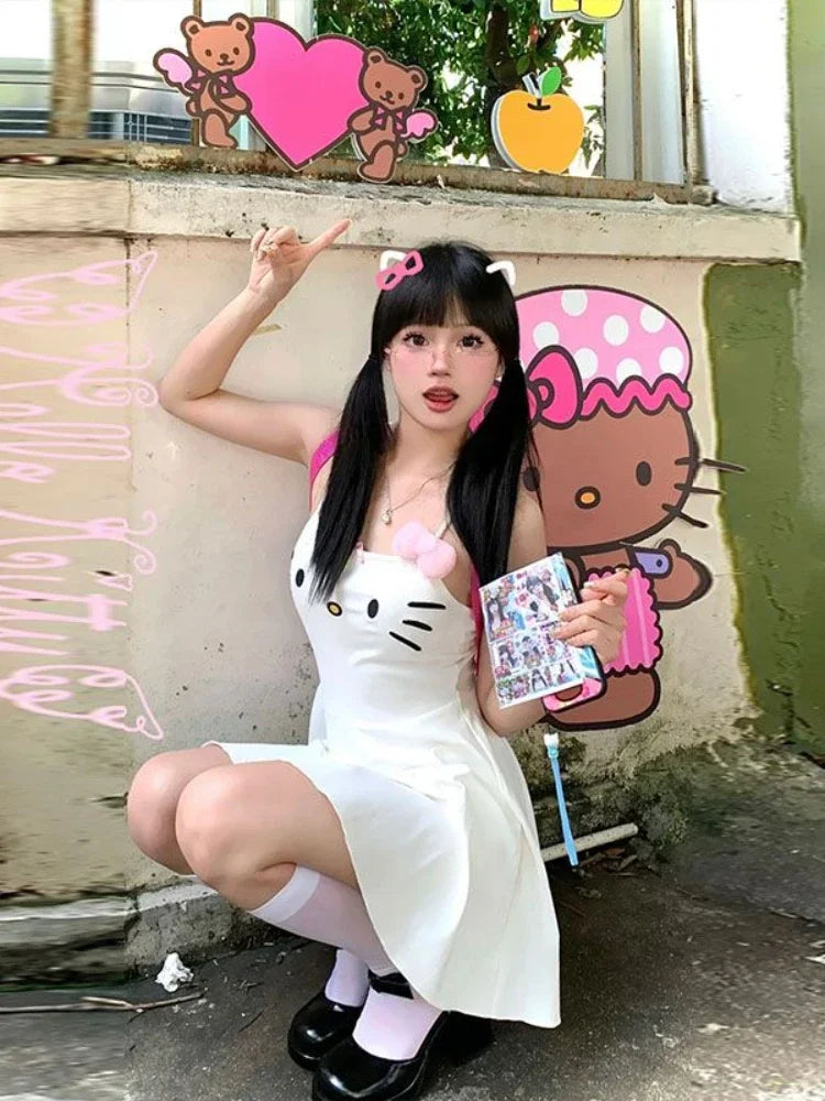 HOUZHOU Kawaii White Dress Women Japanese Y2k Cat Face Embroidery Cute Spaghetti Strap Mini Dress Bow Patchwork Anime Sundress