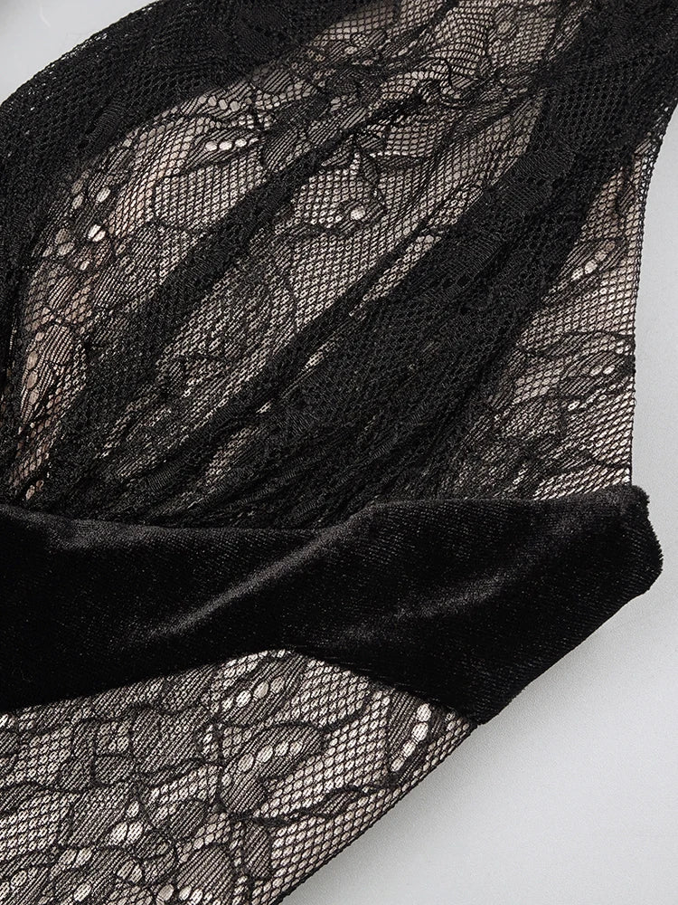 VC Black Mesh Patchwork Halter Long Dress For Women Long Sleeves Lace Embroidery Mermaid Bodycon Party Evening Gown