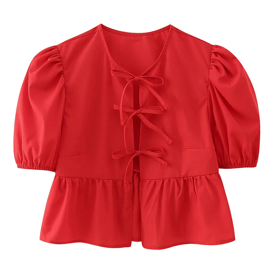 wsevypo Chic Summer Babydoll Shirts Solid/Stripe Short Women's Puff Sleeve Round Neck Tie-Up Front Peplum Blouses Top for Street B