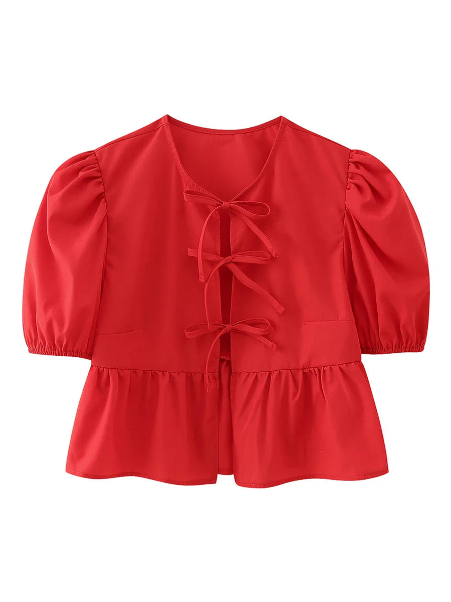 wsevypo Chic Summer Babydoll Shirts Solid/Stripe Short Women's Puff Sleeve Round Neck Tie-Up Front Peplum Blouses Top for Street B
