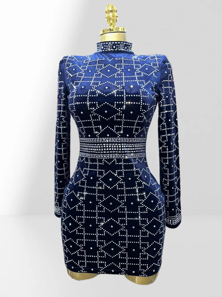2025 New Dark Blue Velvet Luxury Diamonds O-neck  Tuck Waist Mini Dress Fashion Woman Party Dress Celebration Birthday Vestido