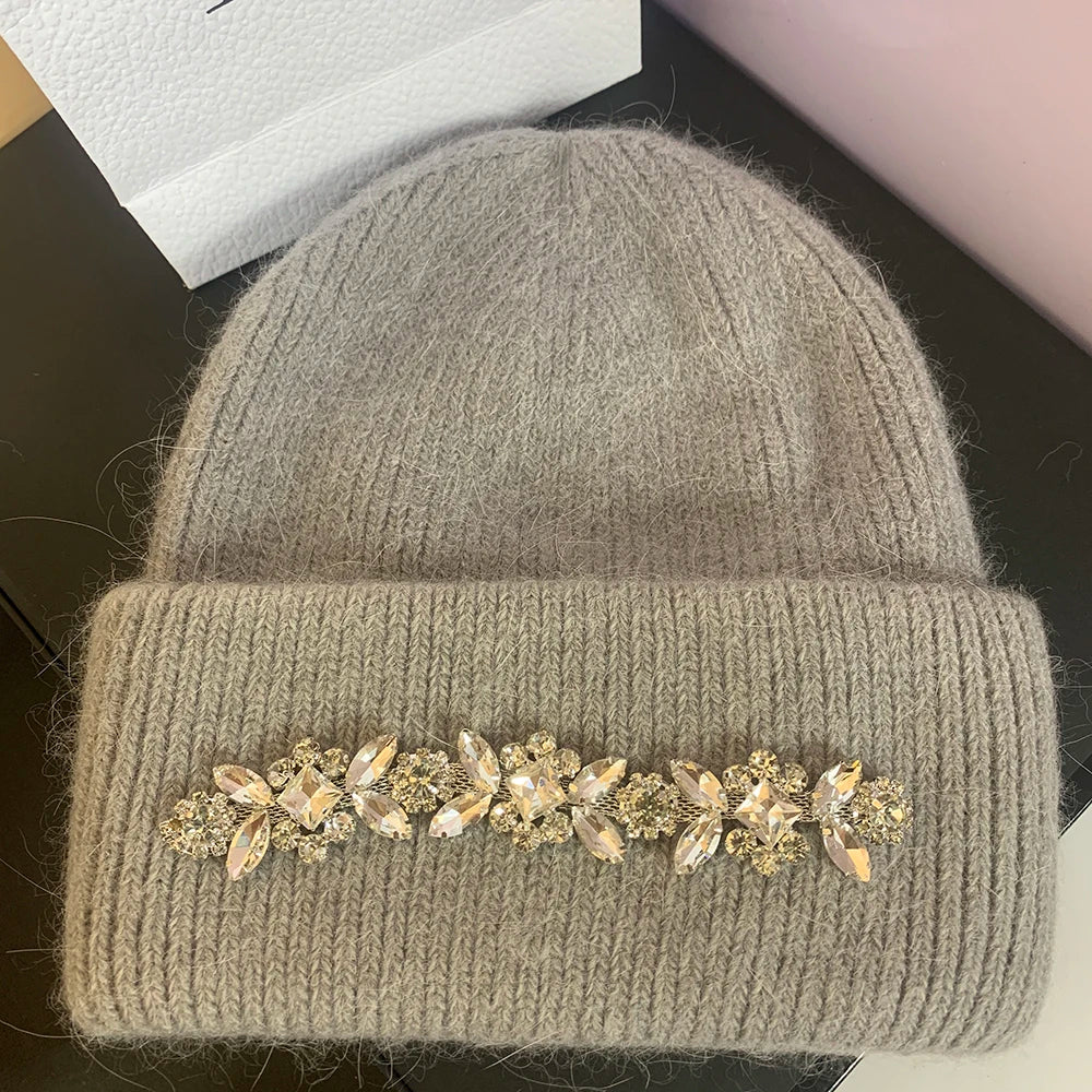 Real Rabbit Fur Knitted Hats for Women Winter Warm Beanie Luxury Rhinestones Bonnet Lady Outdoor Skiing Skullies Beanies Caps gray