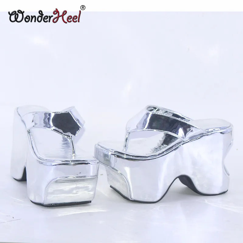 Wonderheel Summer 12cm Height Increasing Heels Platform Japanese Modern Women Sandals Mirror Leather Slip On Big Size