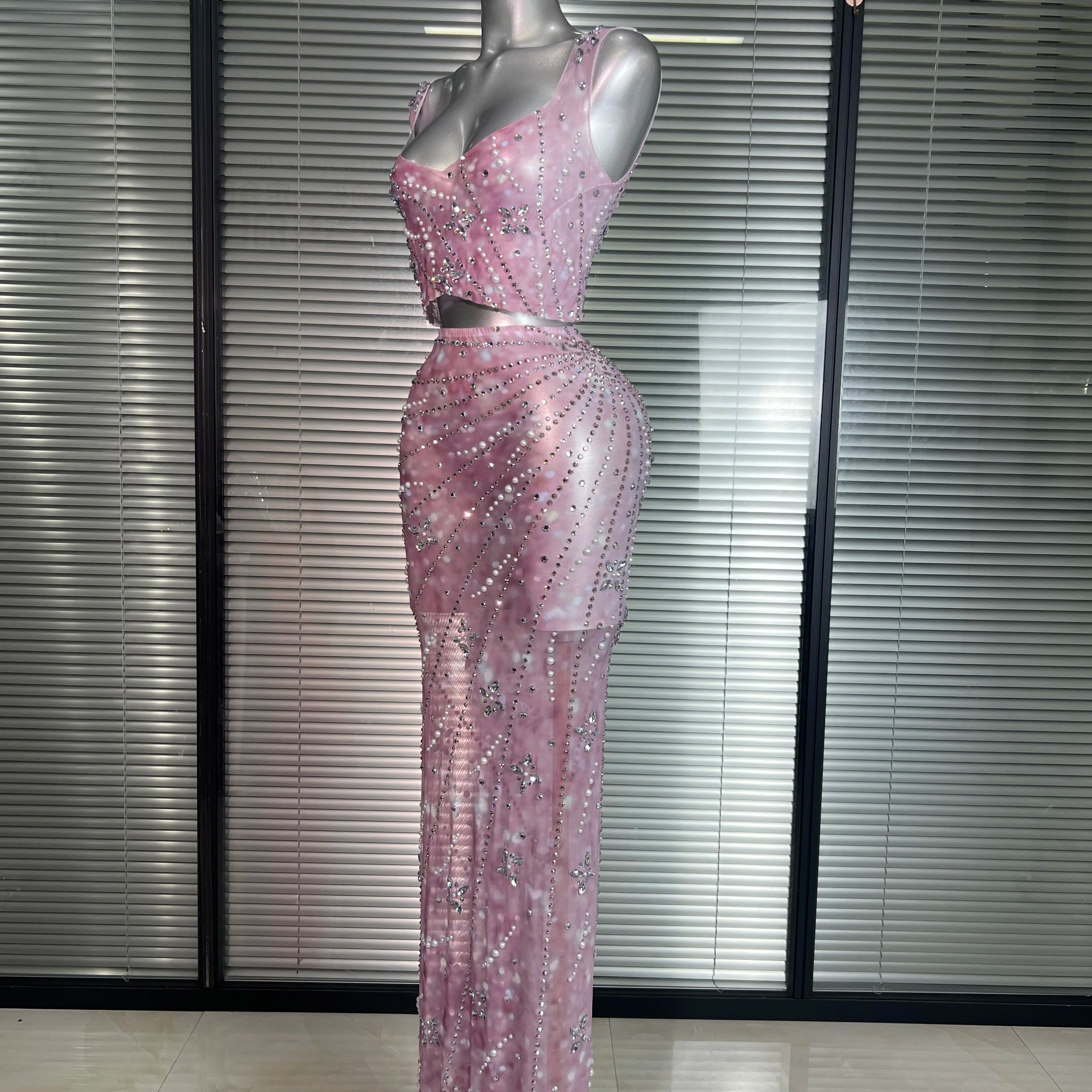New Sexy Pink Two Pieces Set Women Celebrity Crystal Night Club Skirt Suits Singer Dancer Stretched Printed Stage Costume